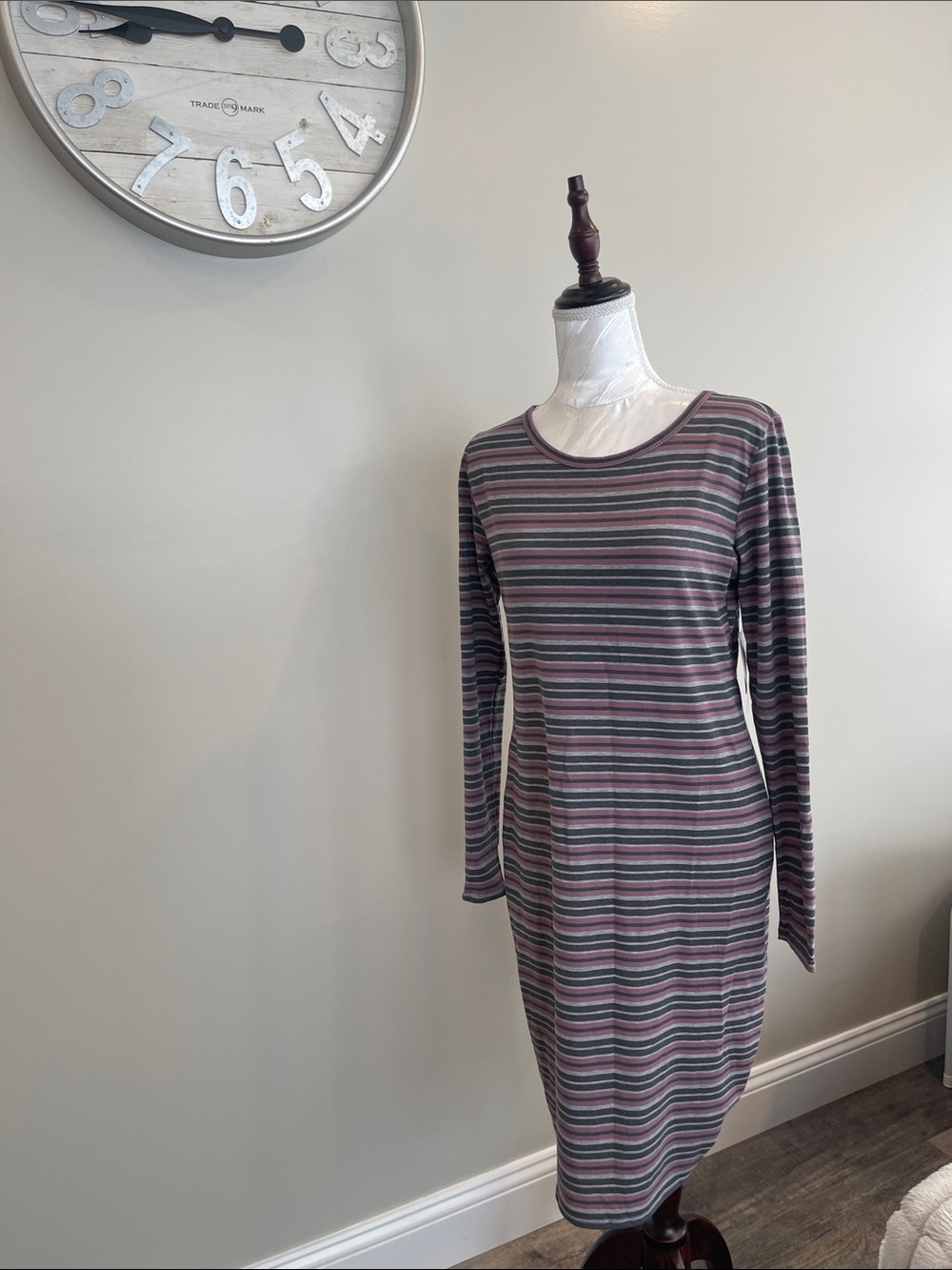LuLaRoe Striped Long Sleeve Dress in Gray and Mauve